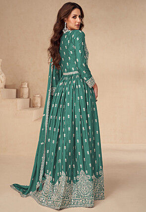 Embroidered Chinon Silk Lehenga in Teal Green