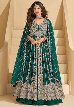 Embroidered Chinon Silk Lehenga in Teal Green