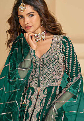 Embroidered Chinon Silk Lehenga in Teal Green