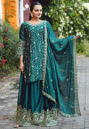 Embroidered Chinon Silk Lehenga in Teal Green