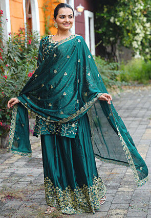 Embroidered Chinon Silk Lehenga in Teal Green