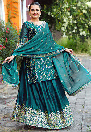 Embroidered Chinon Silk Lehenga in Teal Green