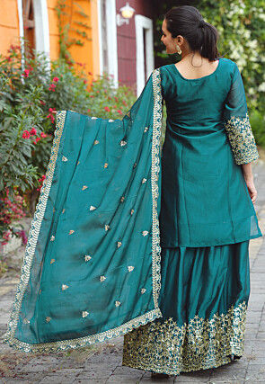 Embroidered Chinon Silk Lehenga in Teal Green