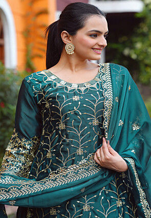 Embroidered Chinon Silk Lehenga in Teal Green