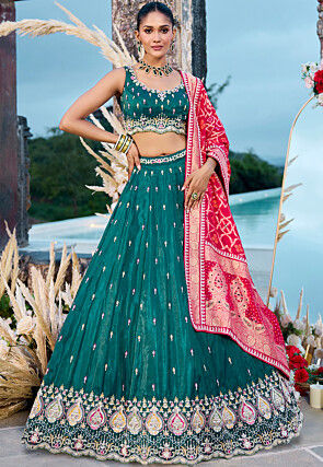 Embroidered Chinon Silk Lehenga in Teal Green