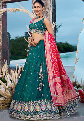 Embroidered Chinon Silk Lehenga in Teal Green