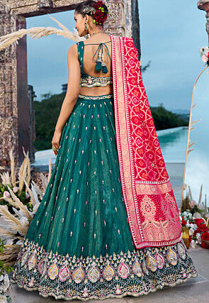 Embroidered Chinon Silk Lehenga in Teal Green