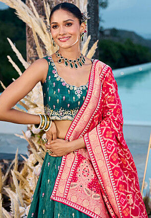 Embroidered Chinon Silk Lehenga in Teal Green