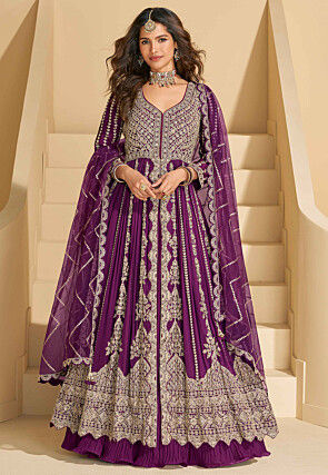 Embroidered Chinon Silk Lehenga in Wine