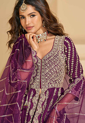 Embroidered Chinon Silk Lehenga in Wine