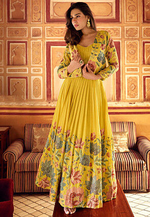 Embroidered Chinon Silk Lehenga in Yellow