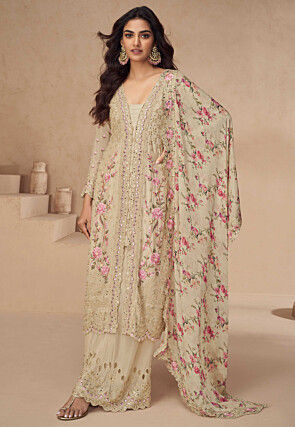 Embroidered Chinon Silk Pakistani Suit in Beige