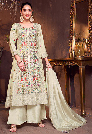 Embroidered Chinon Silk Pakistani Suit in Beige