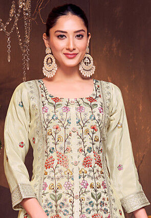 Embroidered Chinon Silk Pakistani Suit in Beige