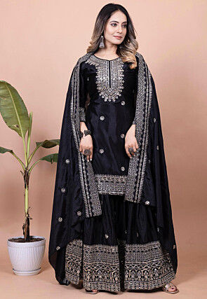 Embroidered Chinon Silk Pakistani Suit in Black