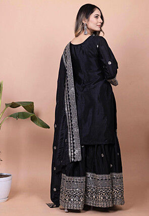Embroidered Chinon Silk Pakistani Suit in Black