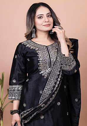 Embroidered Chinon Silk Pakistani Suit in Black