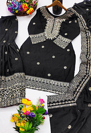 Embroidered Chinon Silk Pakistani Suit in Black