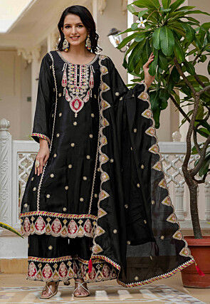 Embroidered Chinon Silk Pakistani Suit in Black
