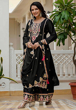 Embroidered Chinon Silk Pakistani Suit in Black