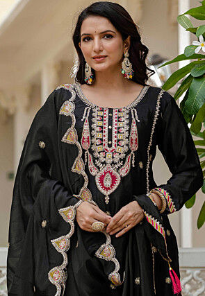 Embroidered Chinon Silk Pakistani Suit in Black