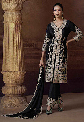 Embroidered Chinon Silk Pakistani Suit in Black