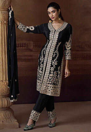 Embroidered Chinon Silk Pakistani Suit in Black