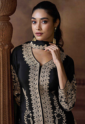 Embroidered Chinon Silk Pakistani Suit in Black