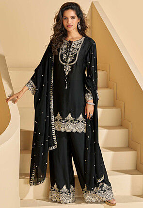 Embroidered Chinon Silk Pakistani Suit in Black