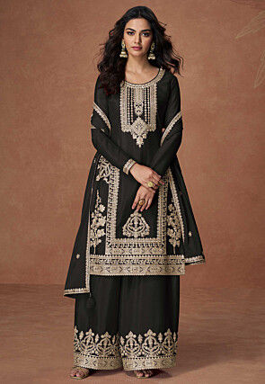 Embroidered Chinon Silk Pakistani Suit in Black