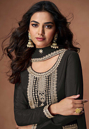 Embroidered Chinon Silk Pakistani Suit in Black