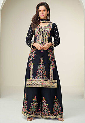 Embroidered Chinon Silk Pakistani Suit in Black