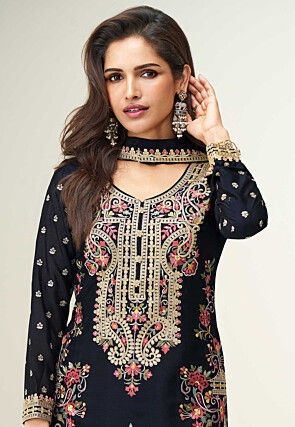 Embroidered Chinon Silk Pakistani Suit in Black