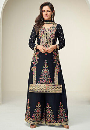 Embroidered Chinon Silk Pakistani Suit in Black