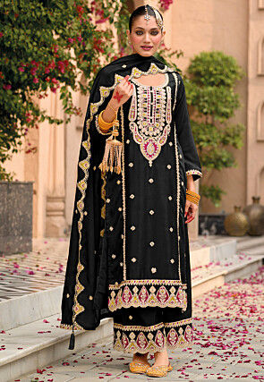 Embroidered Chinon Silk Pakistani Suit in Black
