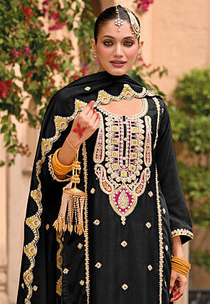 Embroidered Chinon Silk Pakistani Suit in Black