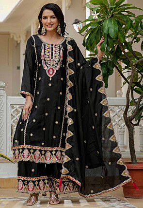 Embroidered Chinon Silk Pakistani Suit in Black