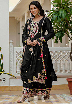 Embroidered Chinon Silk Pakistani Suit in Black