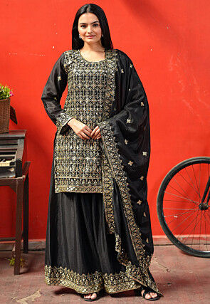 Embroidered Chinon Silk Pakistani Suit in Black