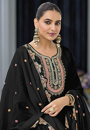 Embroidered Chinon Silk Pakistani Suit in Black