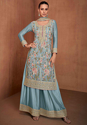 Embroidered Chinon Silk Pakistani Suit in Blue