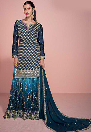 Embroidered Chinon Silk Pakistani Suit in Blue