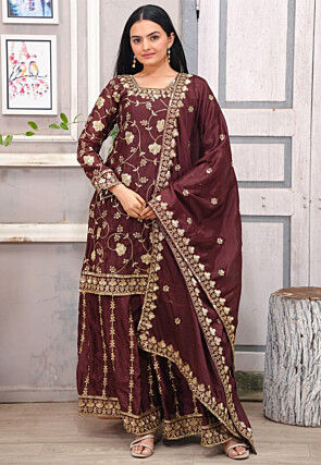Embroidered Chinon Silk Pakistani Suit in Brown