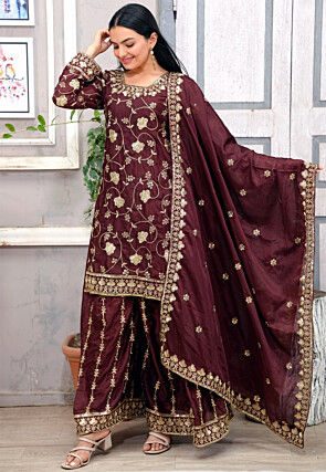 Embroidered Chinon Silk Pakistani Suit in Brown