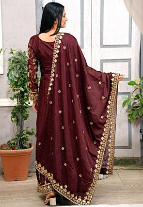 Embroidered Chinon Silk Pakistani Suit in Brown