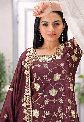 Embroidered Chinon Silk Pakistani Suit in Brown