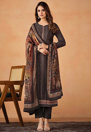 Embroidered Chinon Silk Pakistani Suit in Brown
