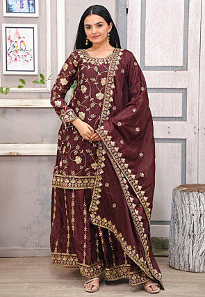 Embroidered Chinon Silk Pakistani Suit in Brown