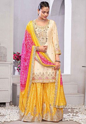 Embroidered Chinon Silk Pakistani Suit in Cream