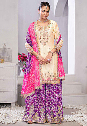 Embroidered Chinon Silk Pakistani Suit in Cream